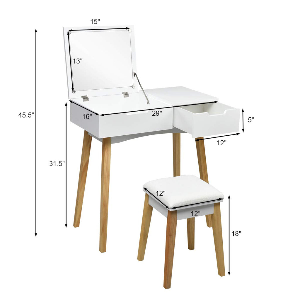 White Wooden Vanity Table with Flip Top Mirror and Stool K198