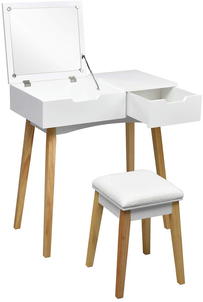 White Wooden Vanity Table with Flip Top Mirror and Stool K198