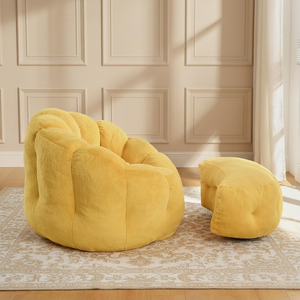 Yellow Faux Fur Bean Bag Chair with Ottoman G478