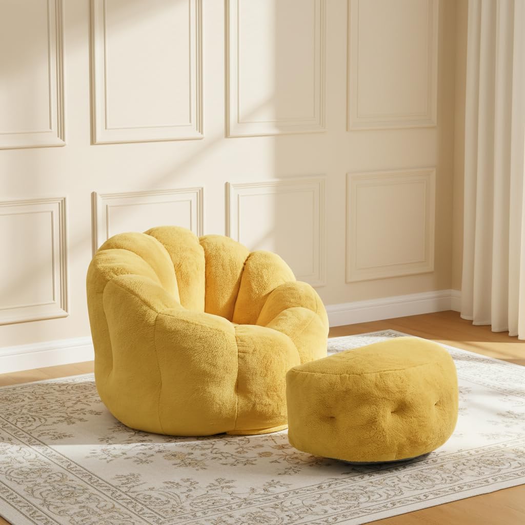 Yellow Faux Fur Bean Bag Chair with Ottoman G478