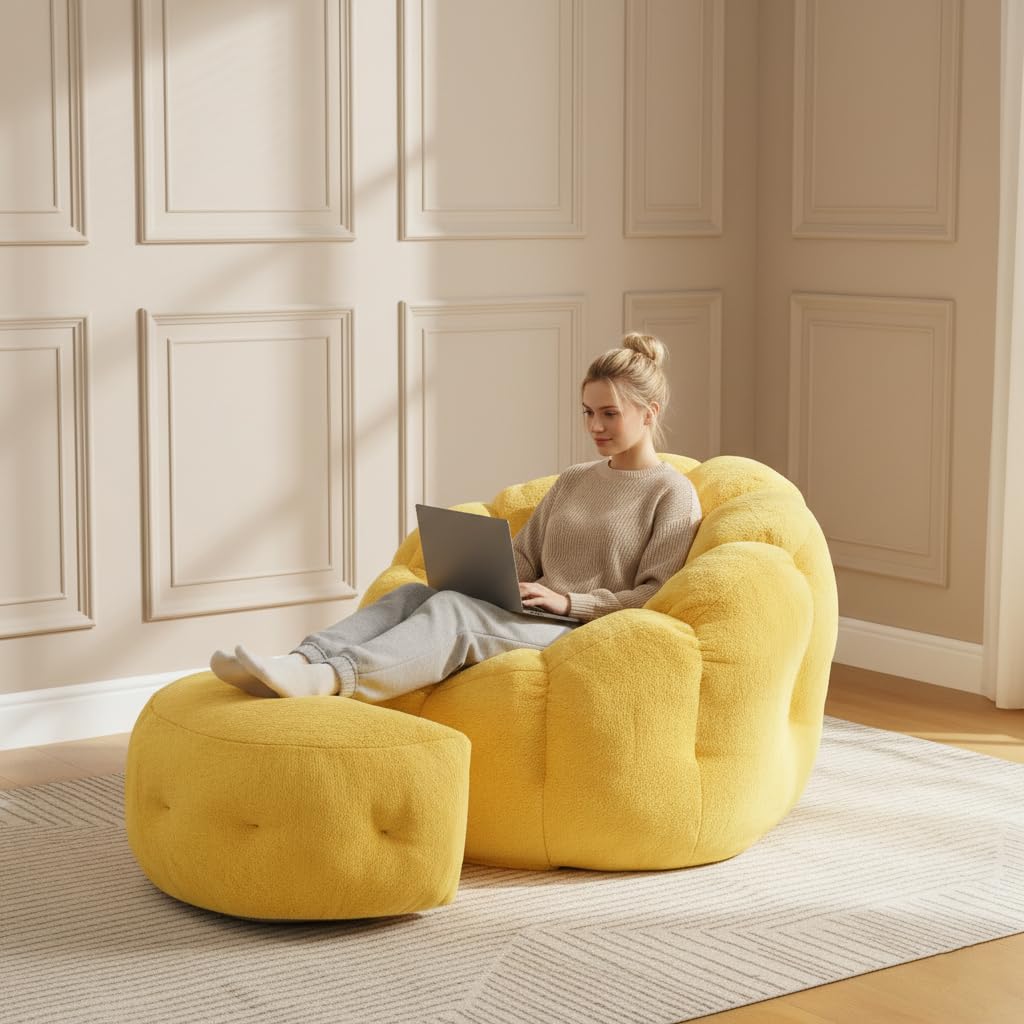 Yellow Faux Fur Bean Bag Chair with Ottoman G478