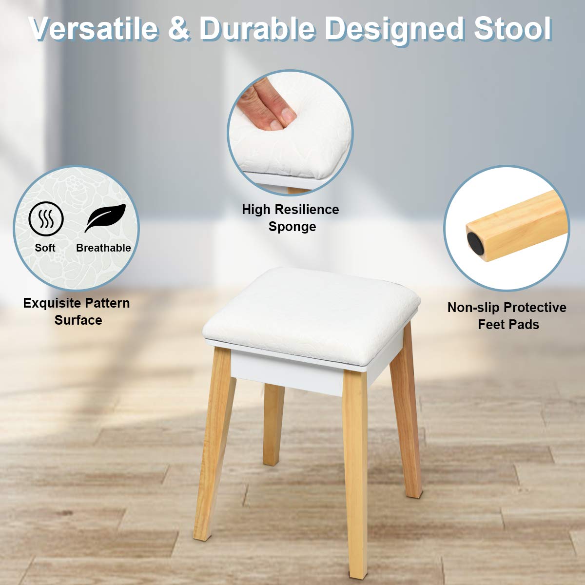 White Wooden Vanity Table with Flip Top Mirror and Stool K198