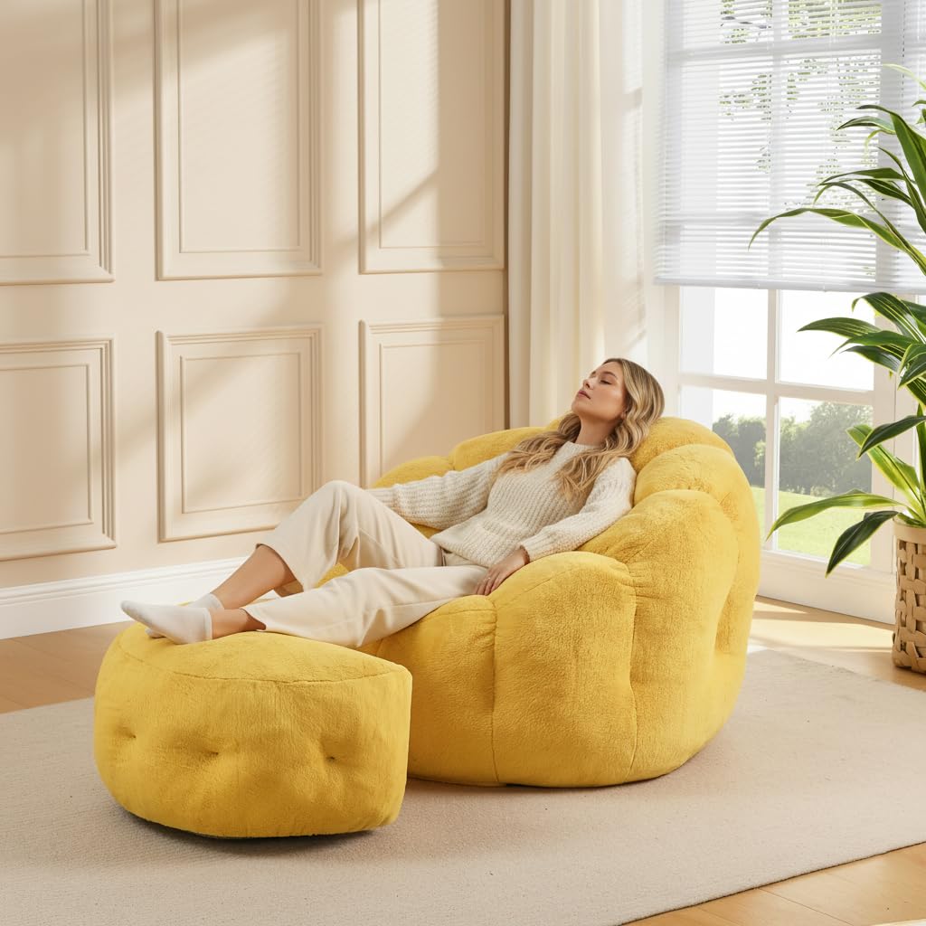 Yellow Faux Fur Bean Bag Chair with Ottoman G478