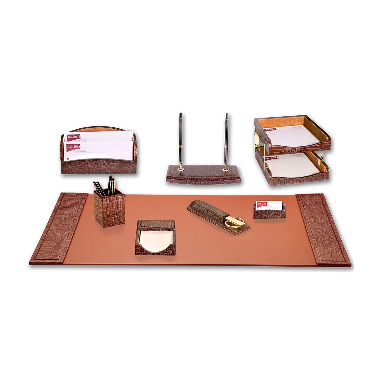 Brown Crocodile Embossed Leather Desk Set O8659