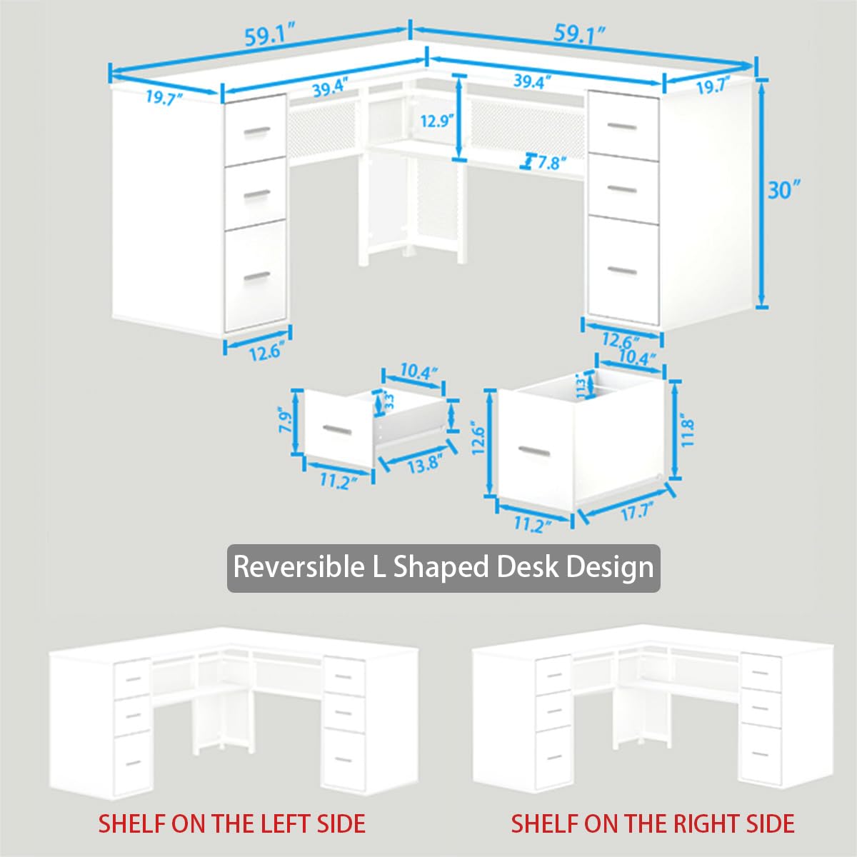 White L Shaped Desk with Drawers M999