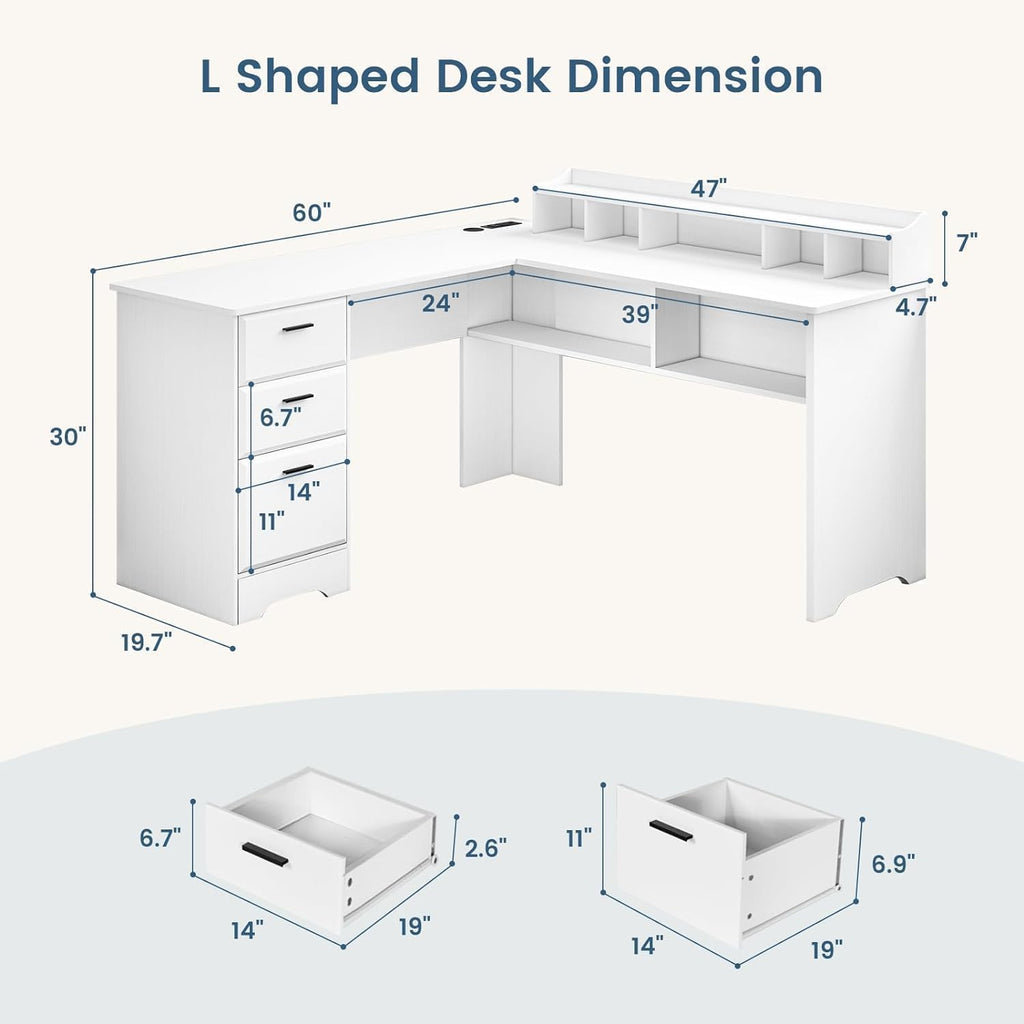 60" White L Shaped Desk with File Drawers G7984