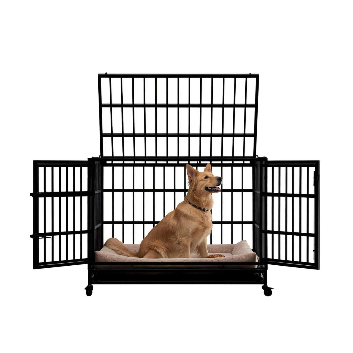 48 Inch Heavy Duty Metal Folding Dog Crate with Wheels and Double Doors N954582