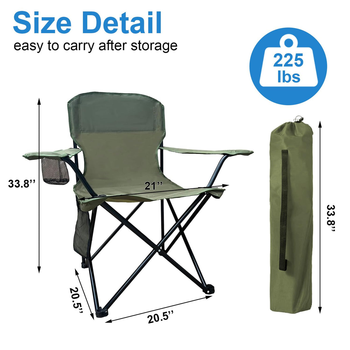 2 Pack Folding Camping Chairs with High Back, 300lbs Capacity, Green L6671