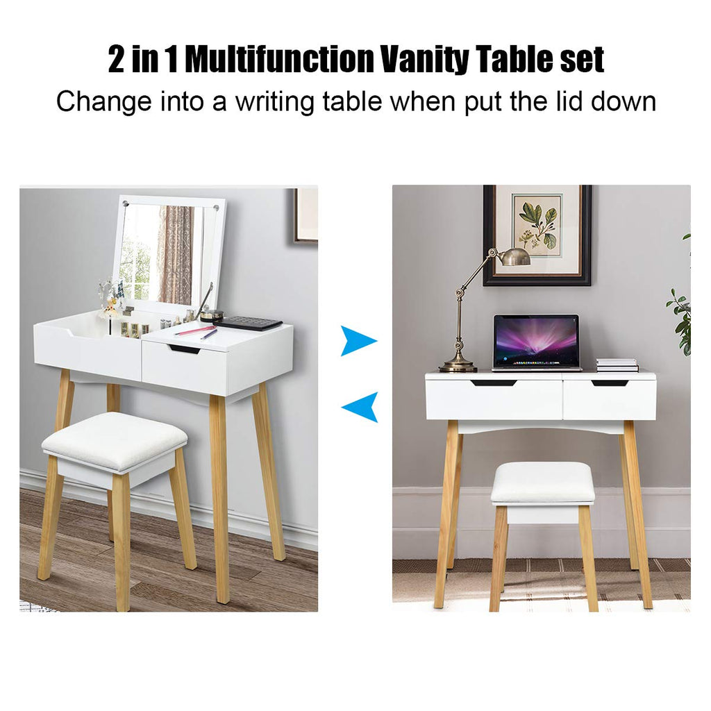 White Wooden Vanity Table with Flip Top Mirror and Stool K198