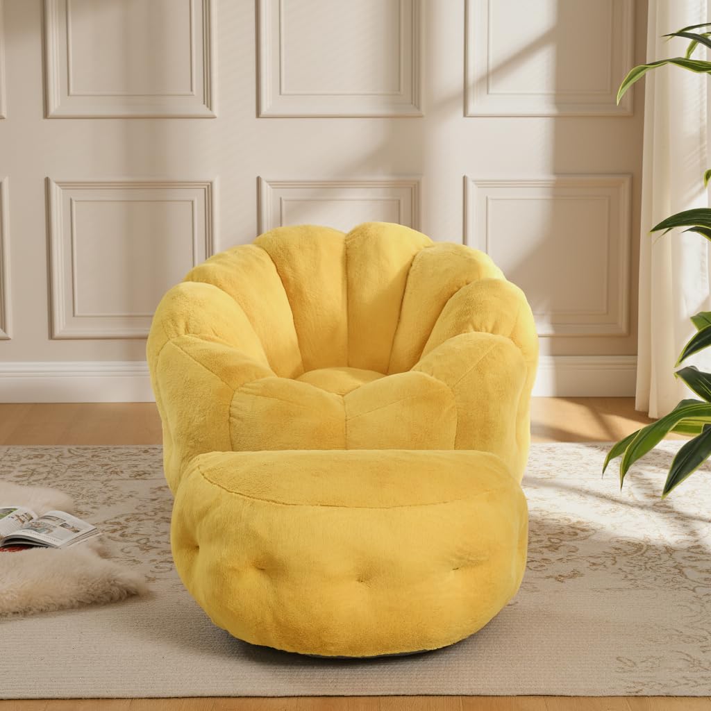 Yellow Faux Fur Bean Bag Chair with Ottoman G478