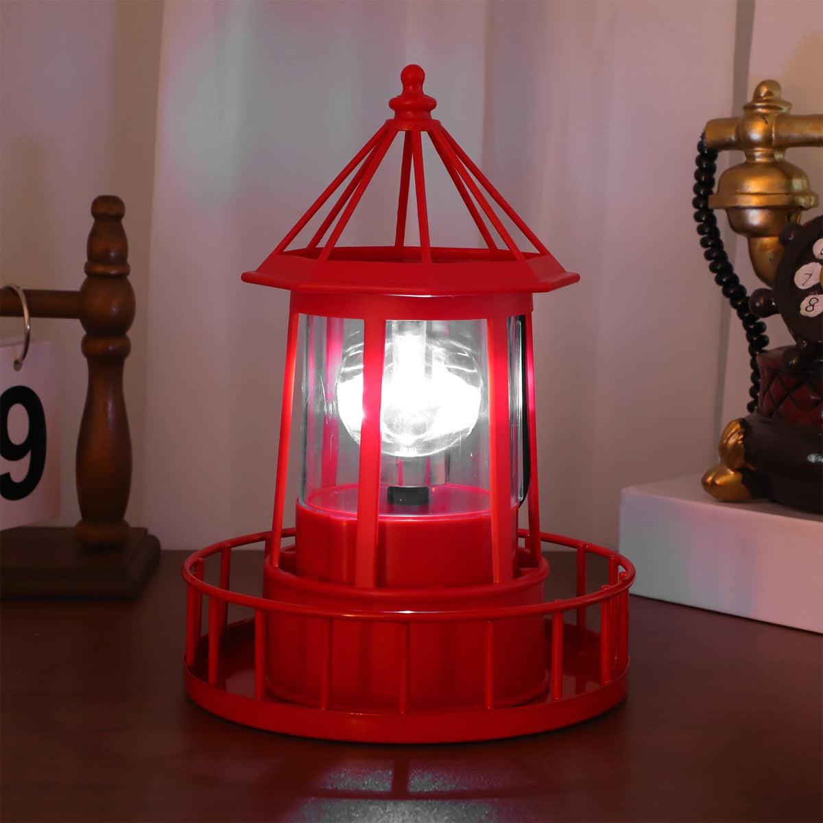 Solar Powered Rotating Lighthouse Garden Light Outdoor Waterproof Resin Iron Red O56935