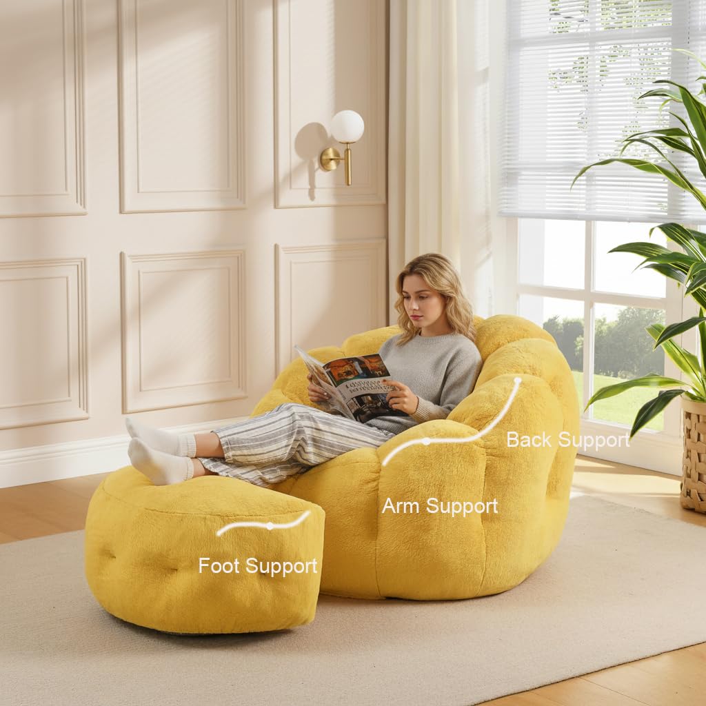 Yellow Faux Fur Bean Bag Chair with Ottoman G478