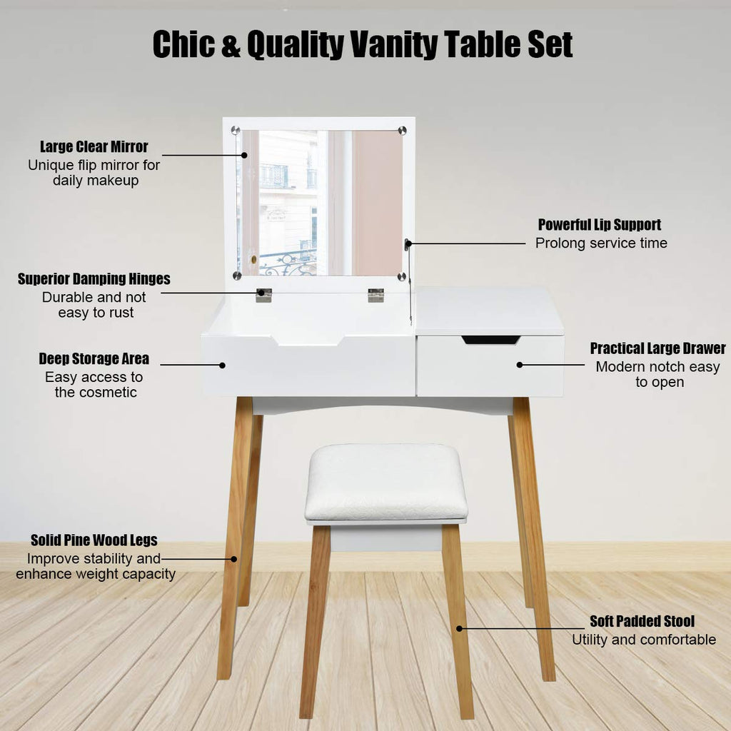 White Wooden Vanity Table with Flip Top Mirror and Stool K198