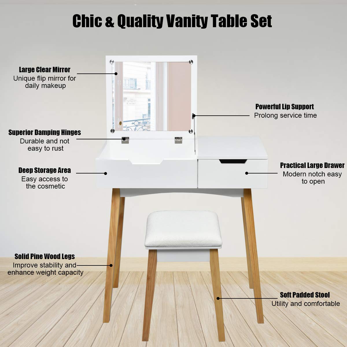 White Wooden Vanity Table with Flip Top Mirror and Stool K198