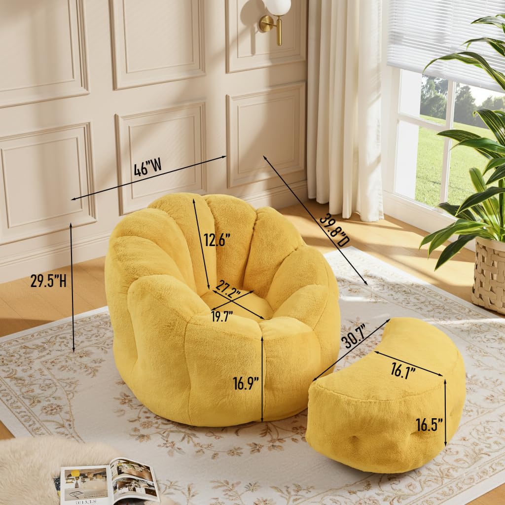 Yellow Faux Fur Bean Bag Chair with Ottoman G478