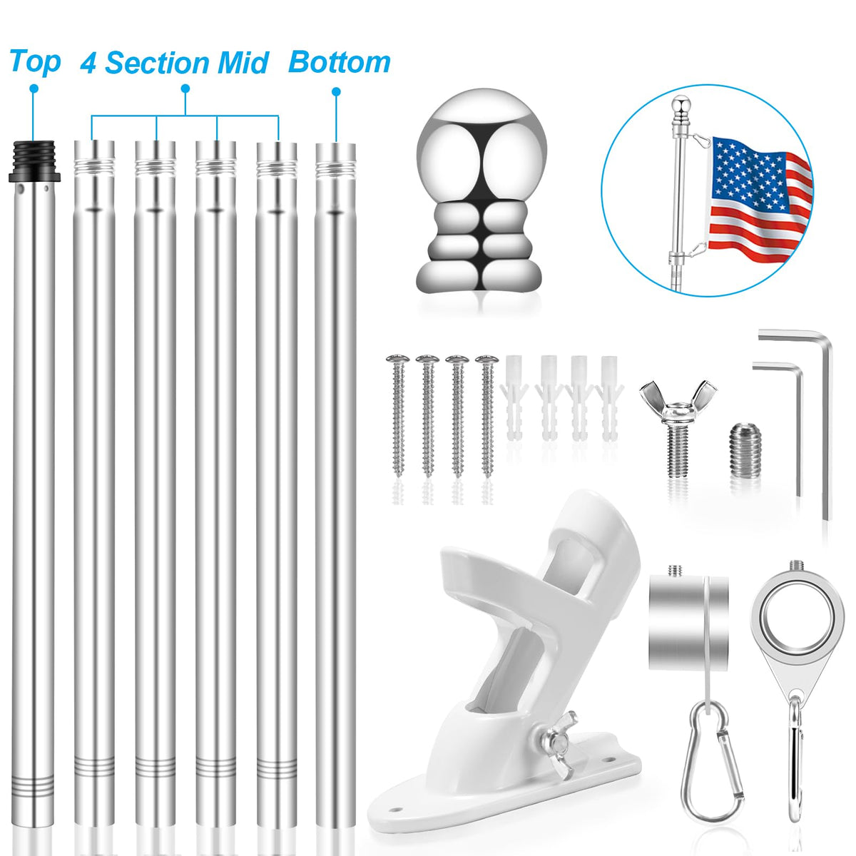 Silver 7 FT Metal Flagpole Kit and 304 Stainless Steel Flagpole Clips C206100