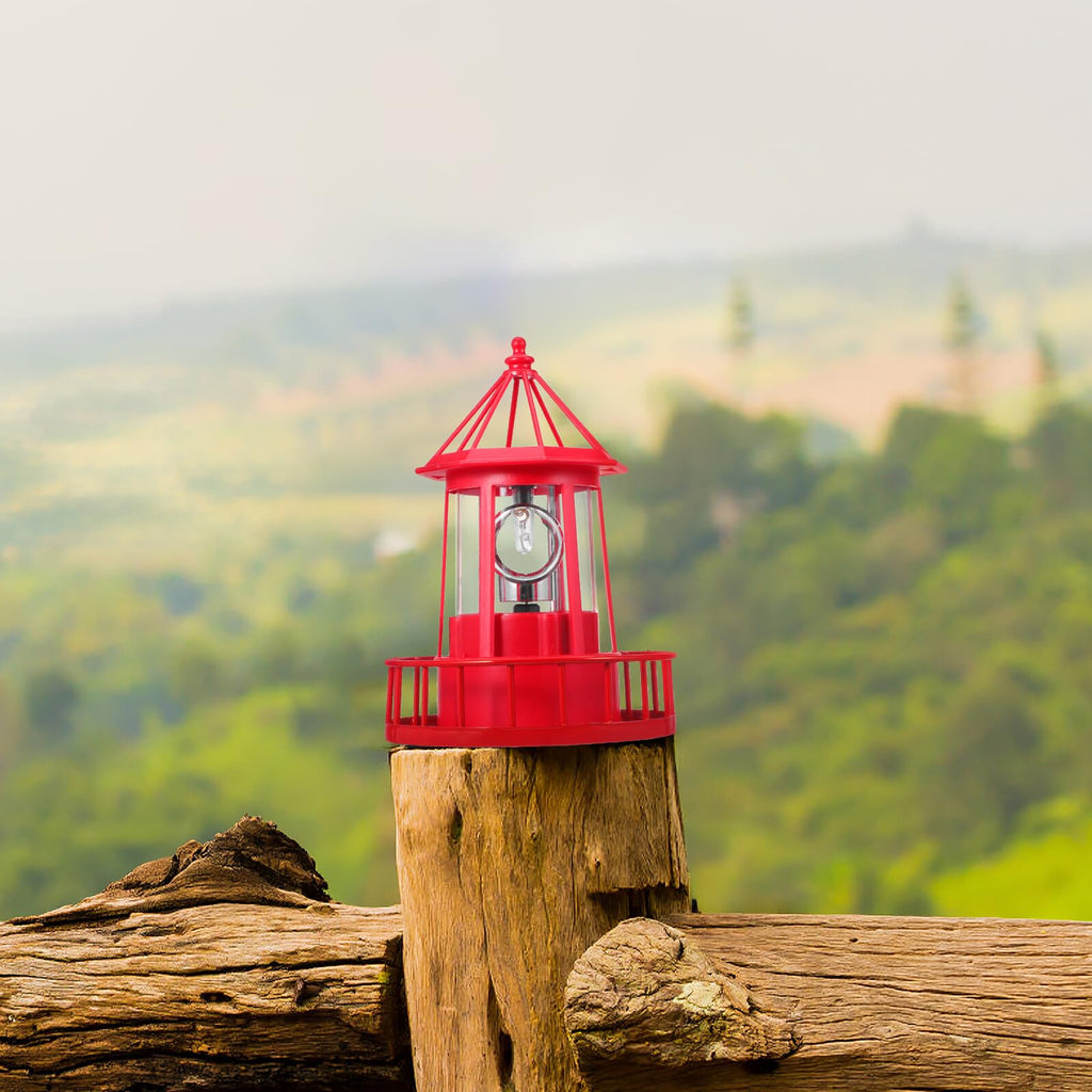 Solar Powered Rotating Lighthouse Garden Light Outdoor Waterproof Resin Iron Red O56935