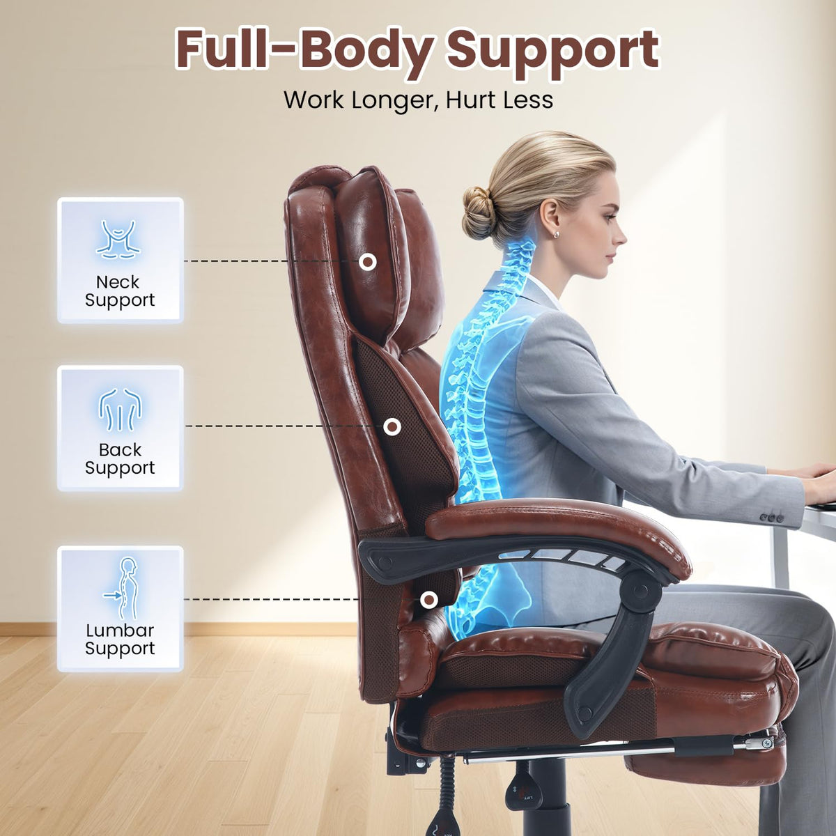 Brown Reclining Ergonomic Office Chair with Footrest U11181