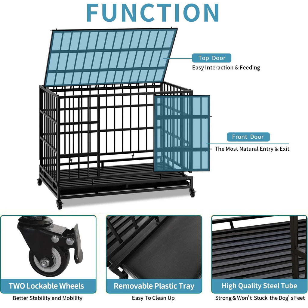 48 Inch Heavy Duty Metal Folding Dog Crate with Wheels and Double Doors N954582