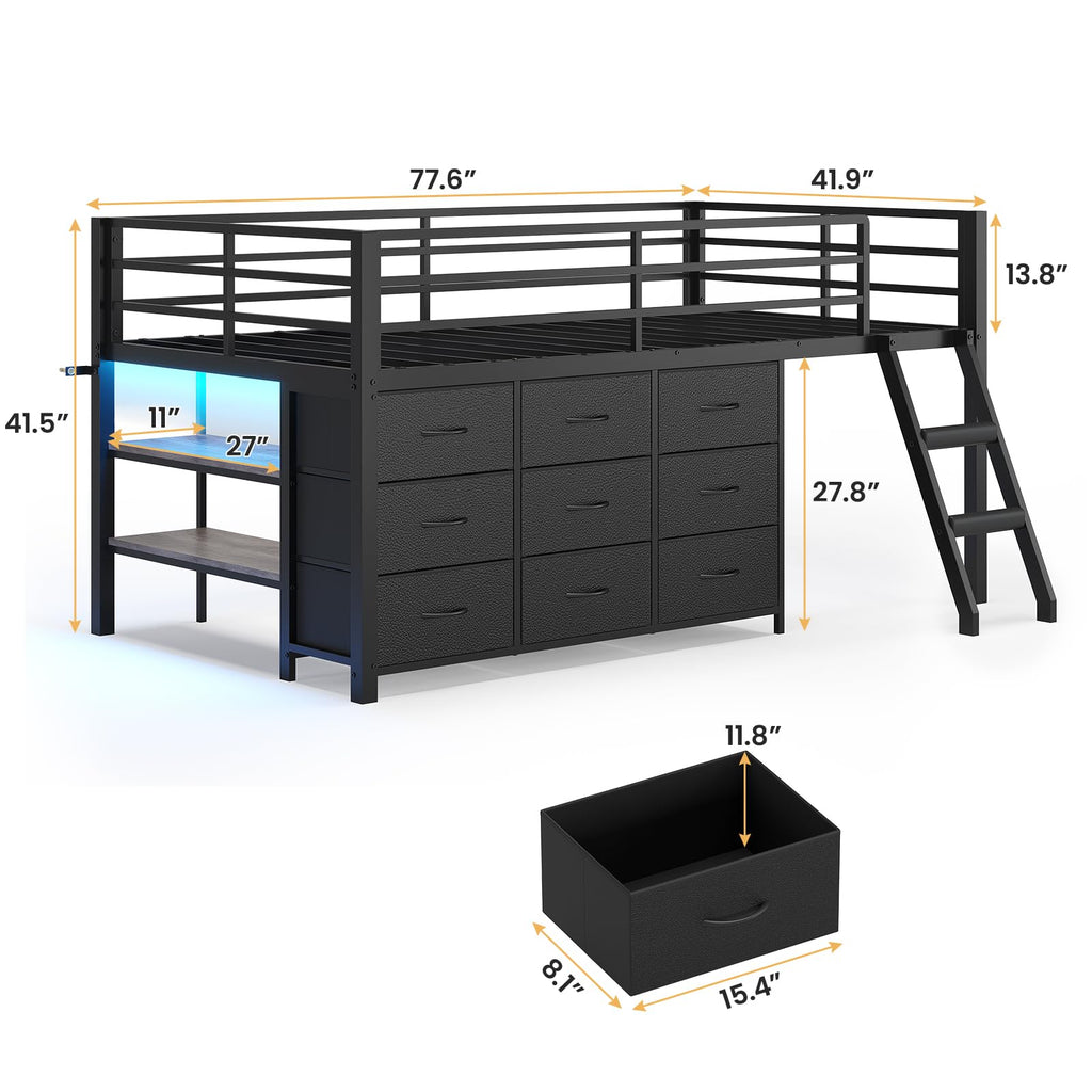 Twin Size Loft Bed with 9 Storage Drawers O999027