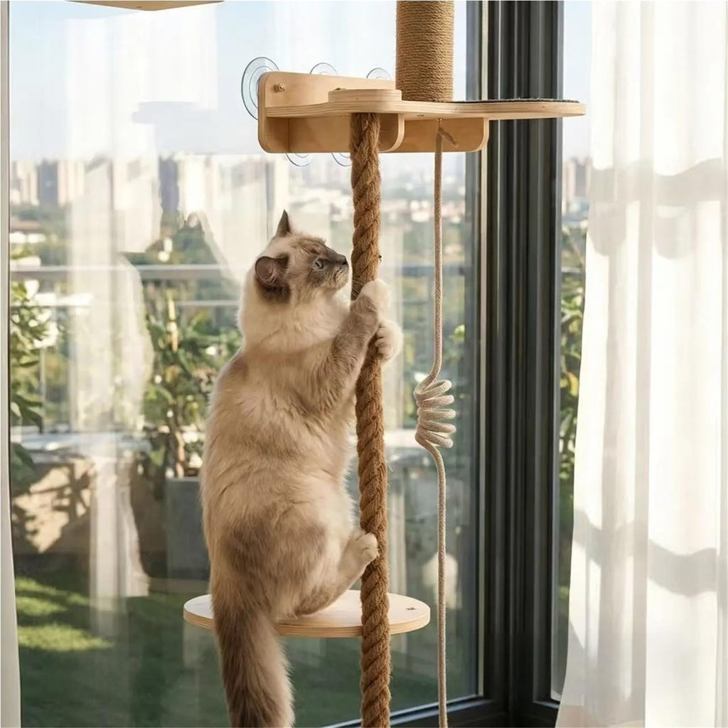 Wall-Mounted Cat Tree with Climbing Rope, Wall Shelf, Jute Scratching Post Tower, and Platform J6942