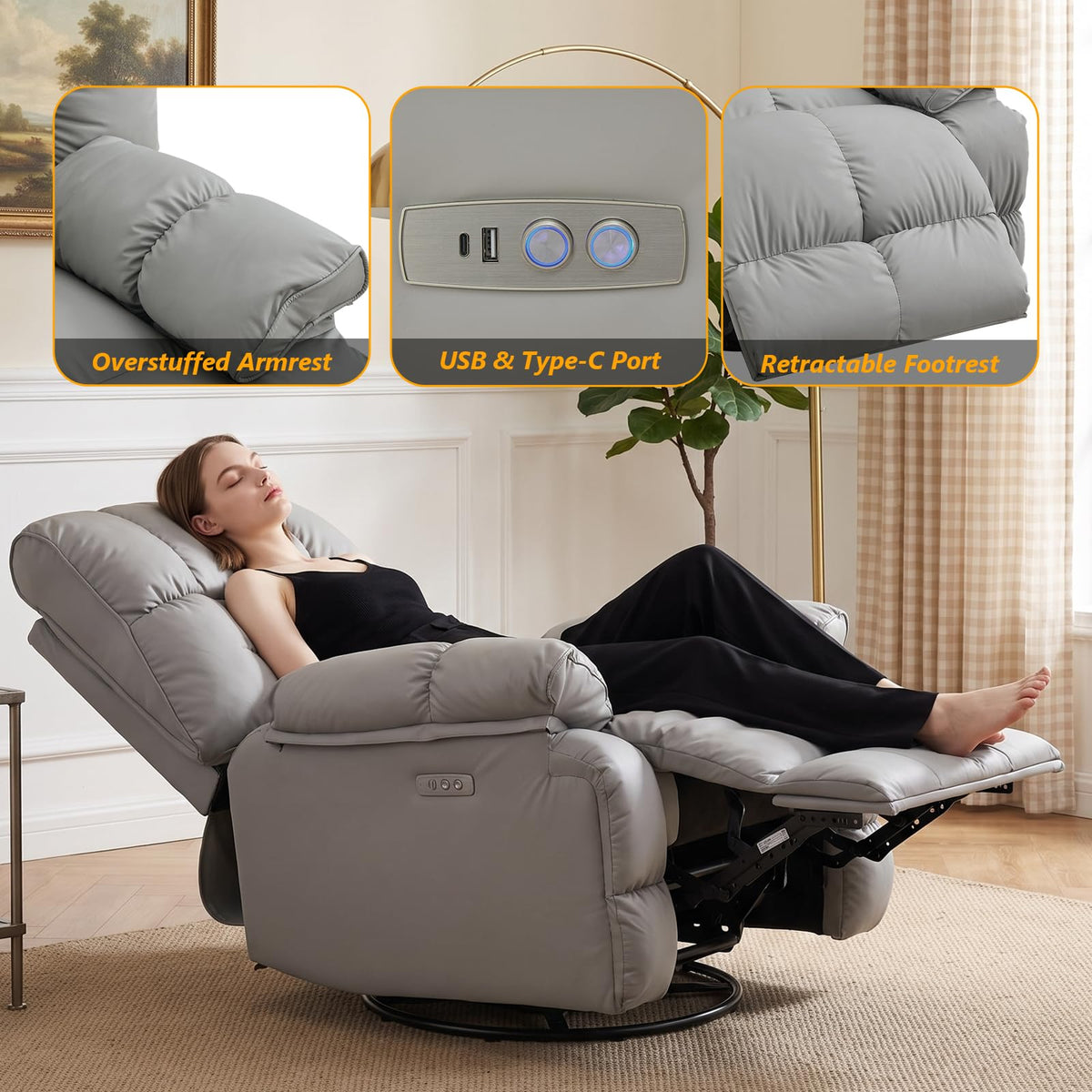 Oversized Gray Leather Power Swivel Rocker Recliner V88525