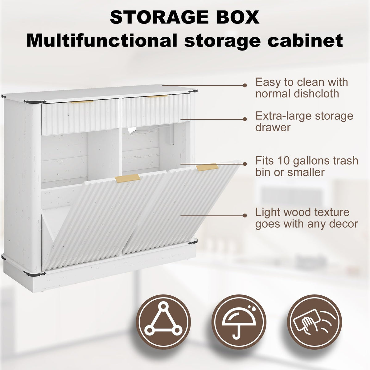 White 20 Gallon Tilt Out Trash Cabinet with Charging Station and 2 Drawers F957564
