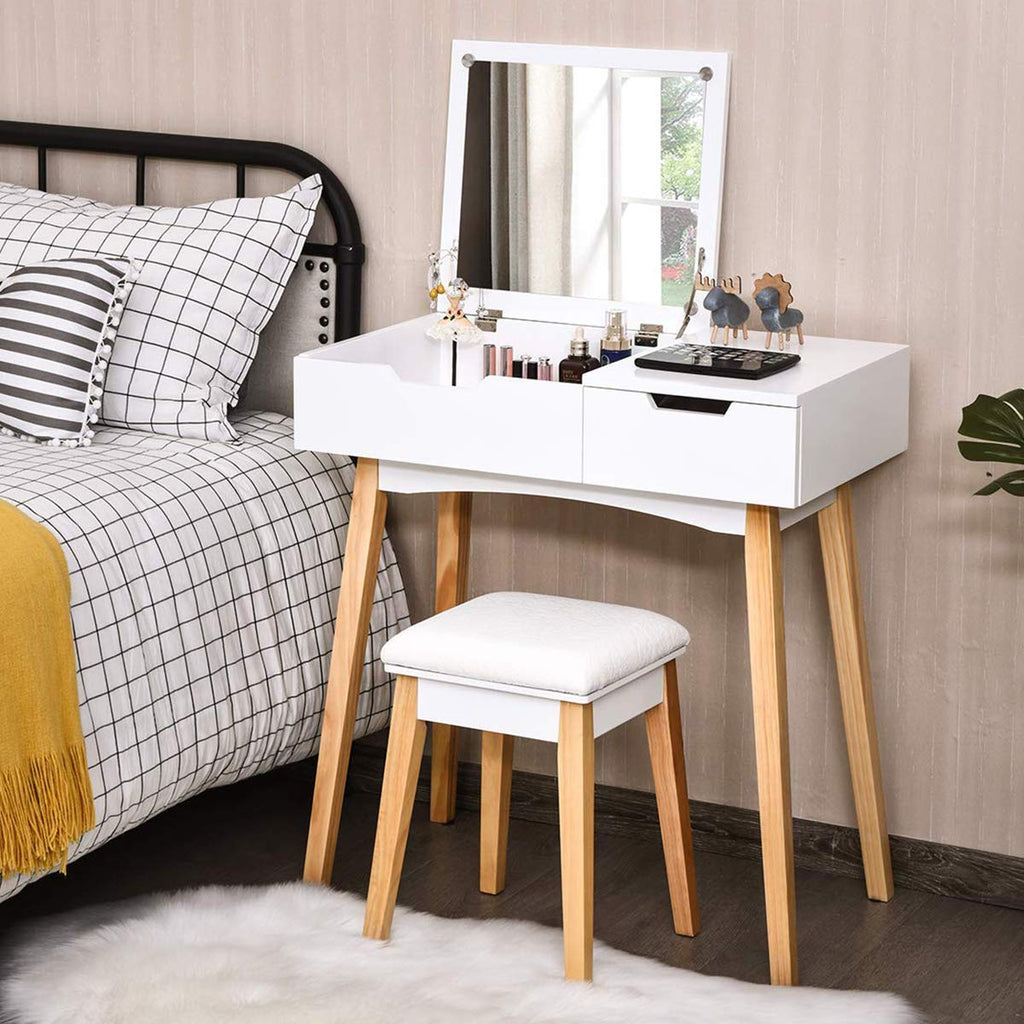 White Wooden Vanity Table with Flip Top Mirror and Stool K198