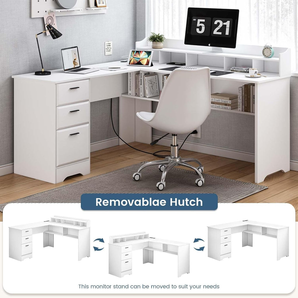 60" White L Shaped Desk with File Drawers G7984