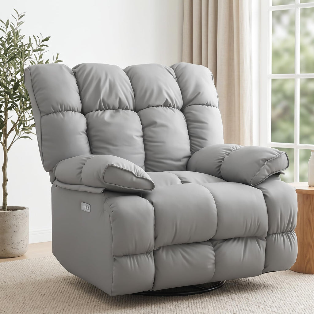 Oversized Gray Leather Power Swivel Rocker Recliner V88525