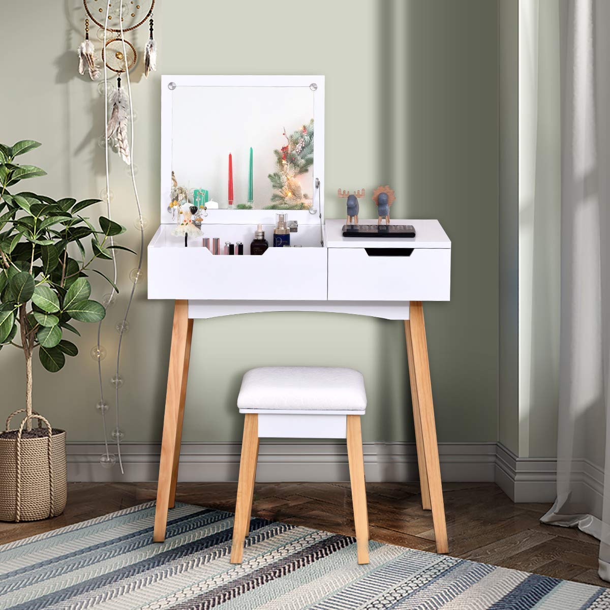 White Wooden Vanity Table with Flip Top Mirror and Stool K198