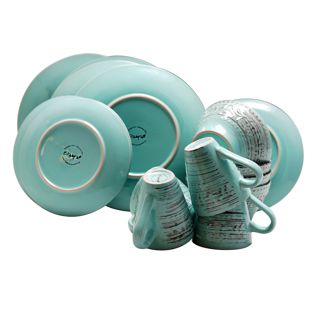 Turquoise 16 Piece Embossed Stoneware Dish Set U594980