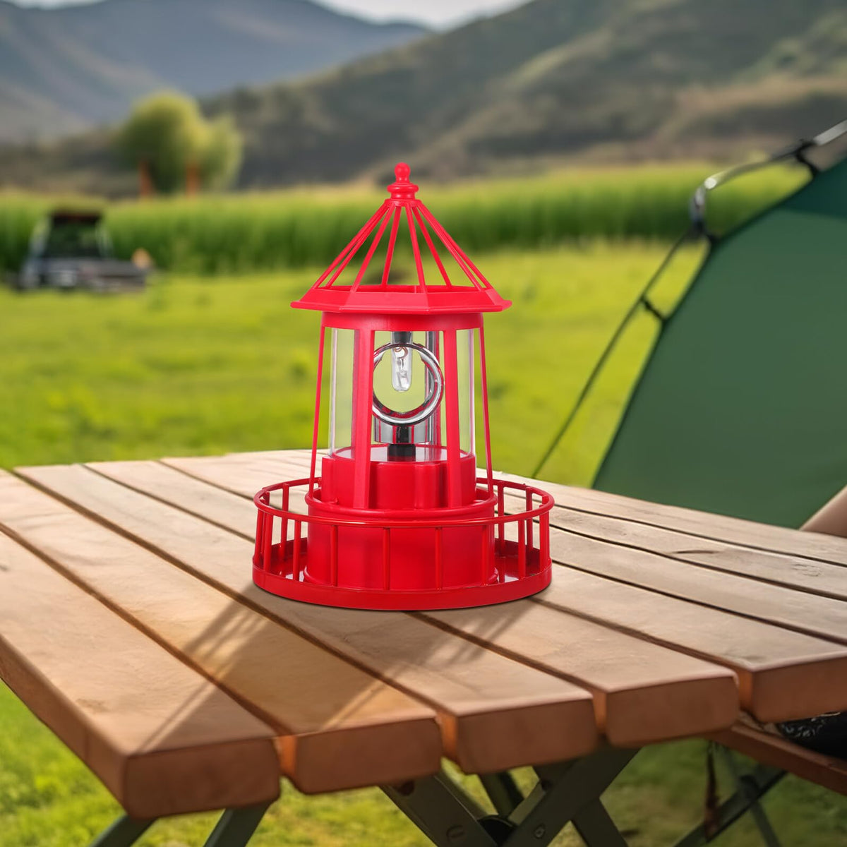 Solar Powered Rotating Lighthouse Garden Light Outdoor Waterproof Resin Iron Red O56935