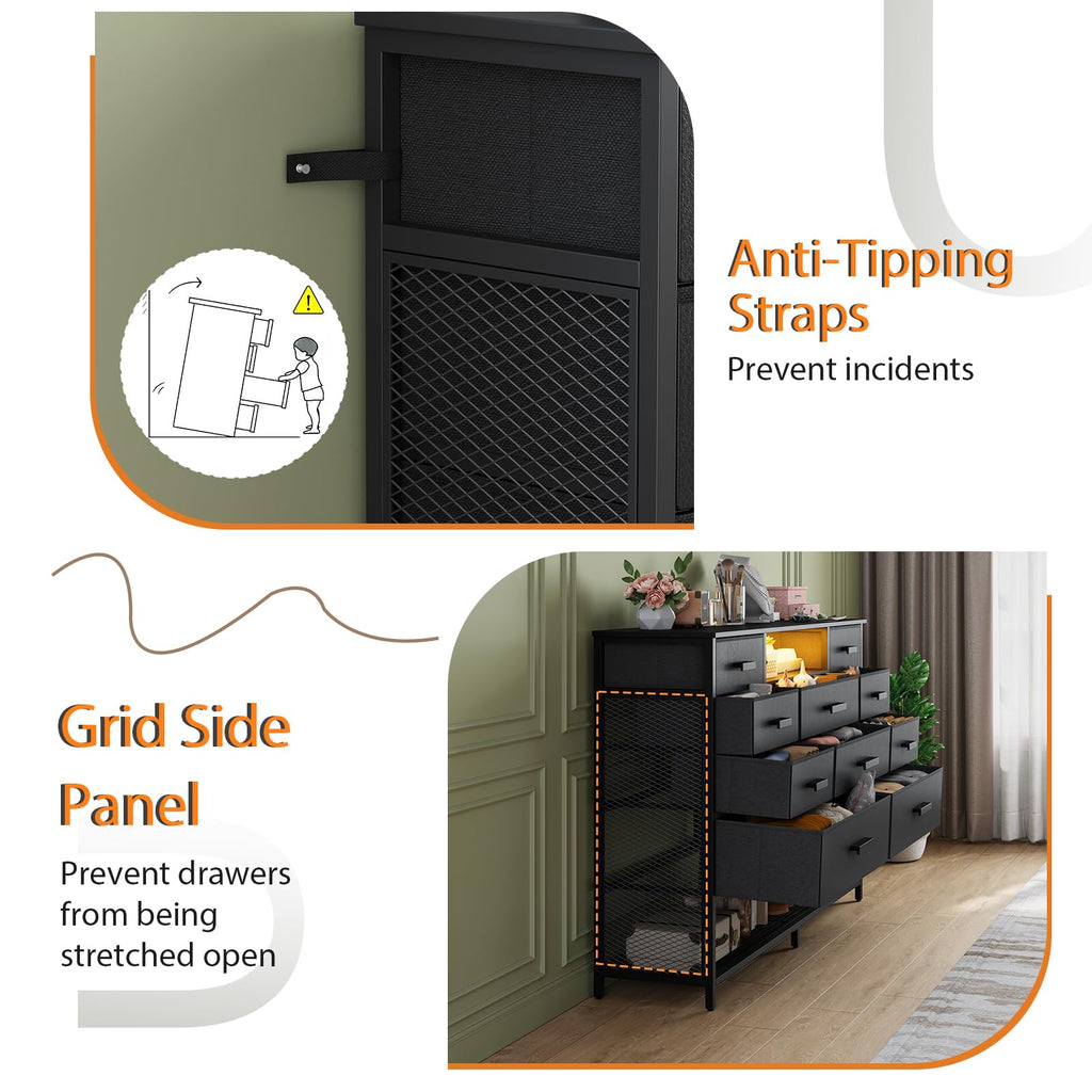 Black 10 Drawer Dresser with Charging Station and LED Light K5580