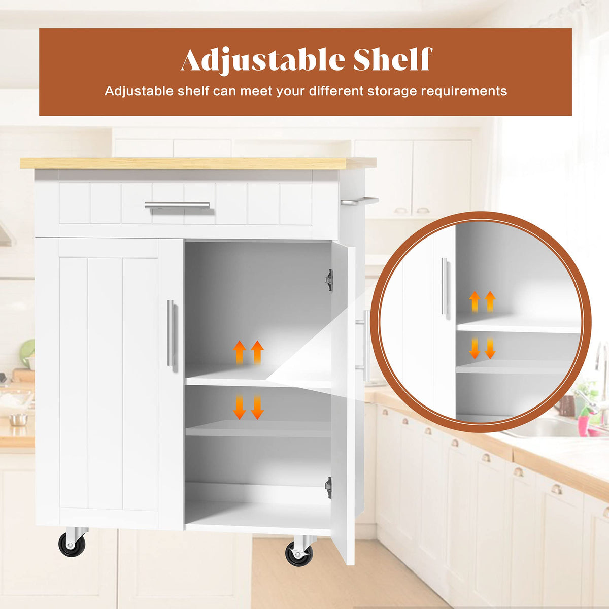26" Rolling Kitchen Island Cart with Drawer, Shelves, Towel Rack, Lockable Casters, White V88569