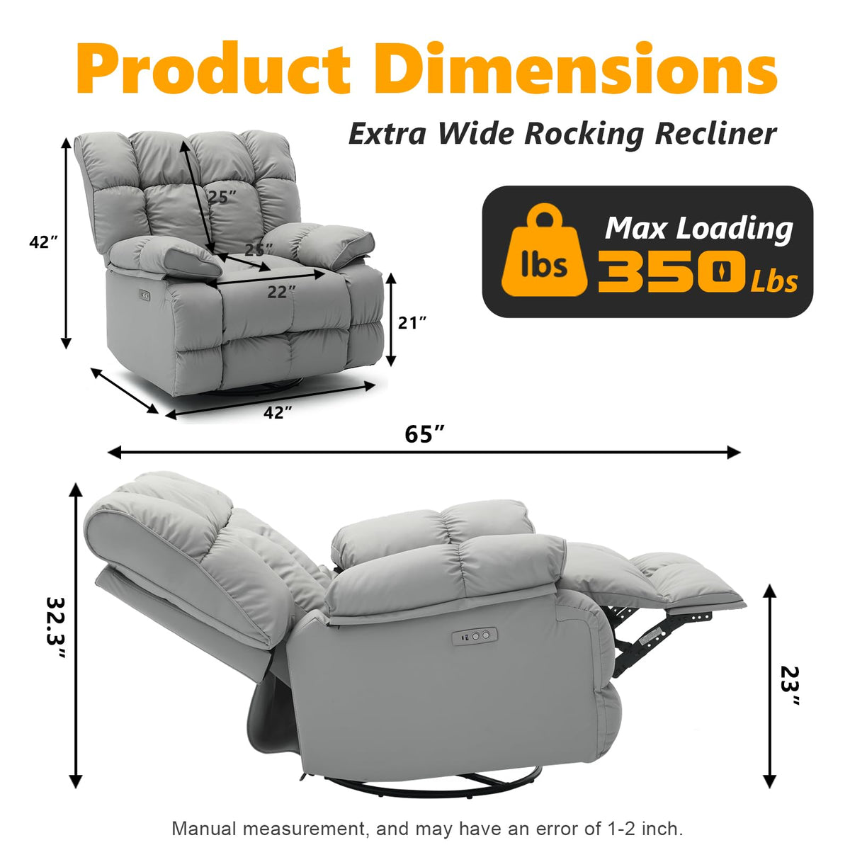 Oversized Gray Leather Power Swivel Rocker Recliner V88525