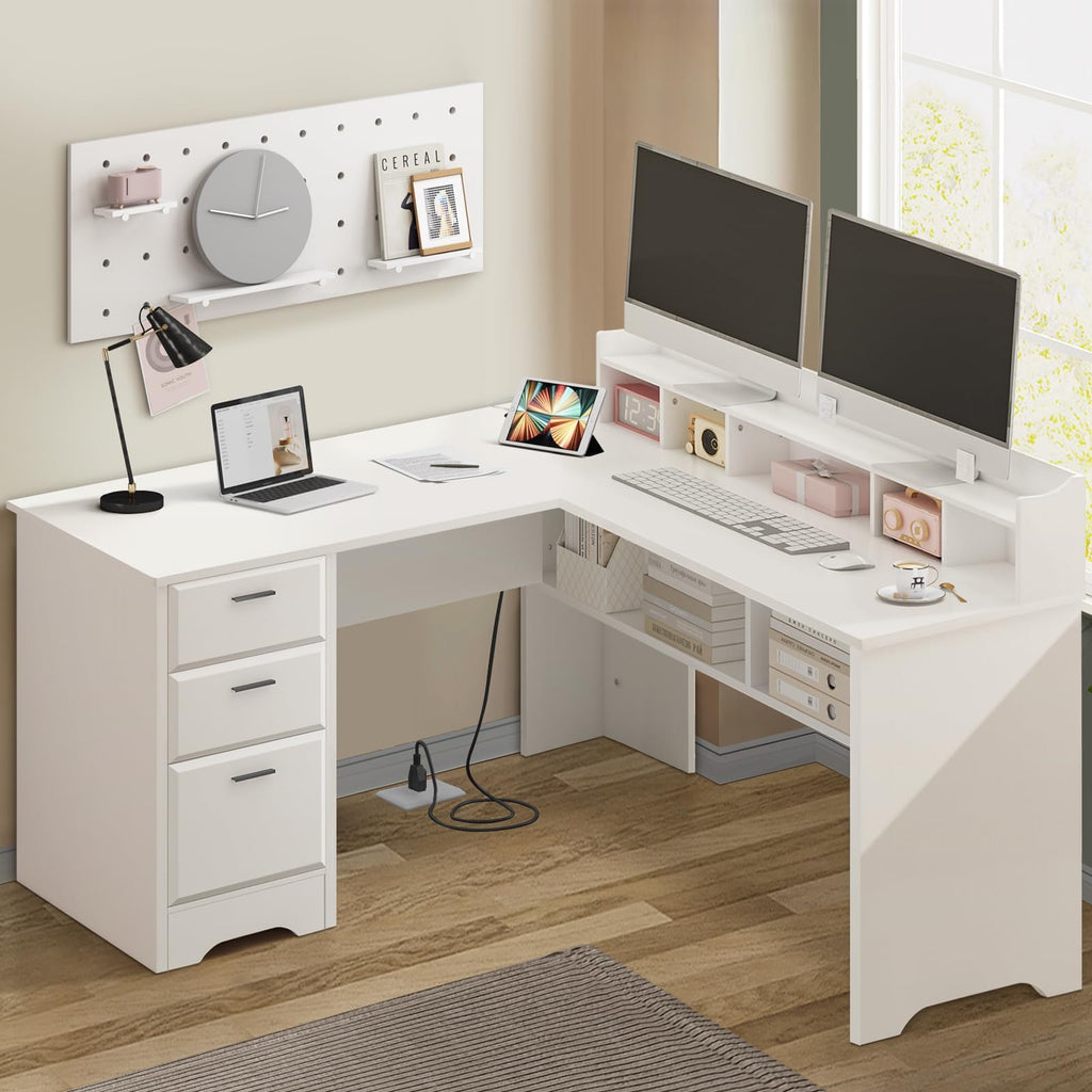 60" White L Shaped Desk with File Drawers G7984