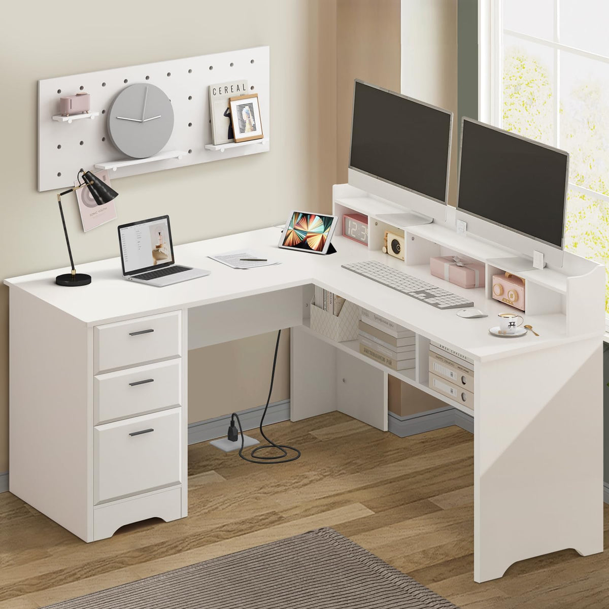 60" White L Shaped Desk with File Drawers G7984