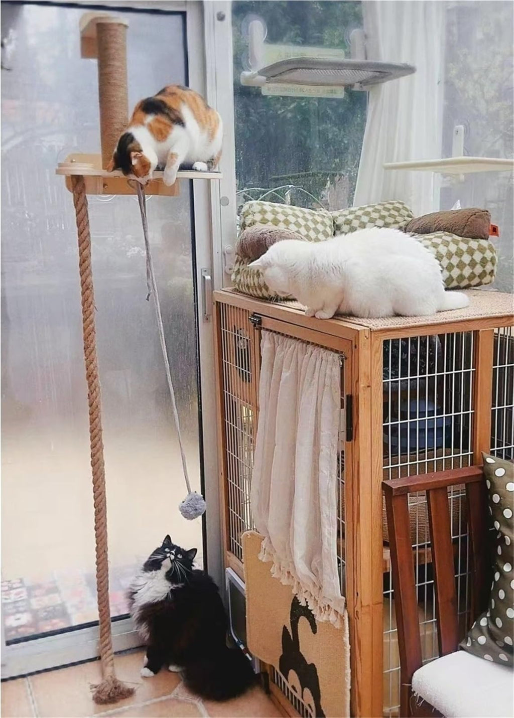 Wall-Mounted Cat Tree with Climbing Rope, Wall Shelf, Jute Scratching Post Tower, and Platform J6942