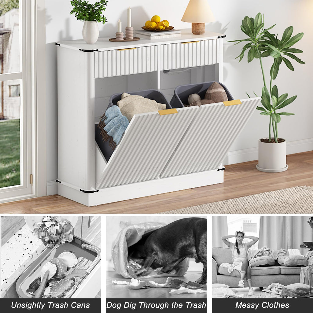 White 20 Gallon Tilt Out Trash Cabinet with Charging Station and 2 Drawers F957564