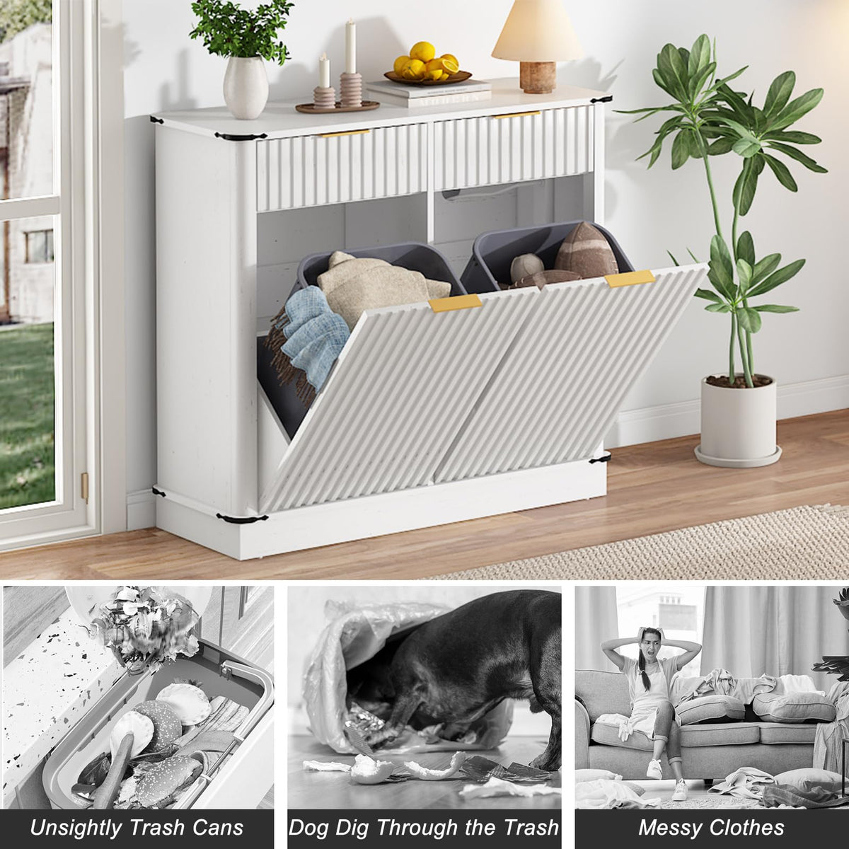 White 20 Gallon Tilt Out Trash Cabinet with Charging Station and 2 Drawers F957564