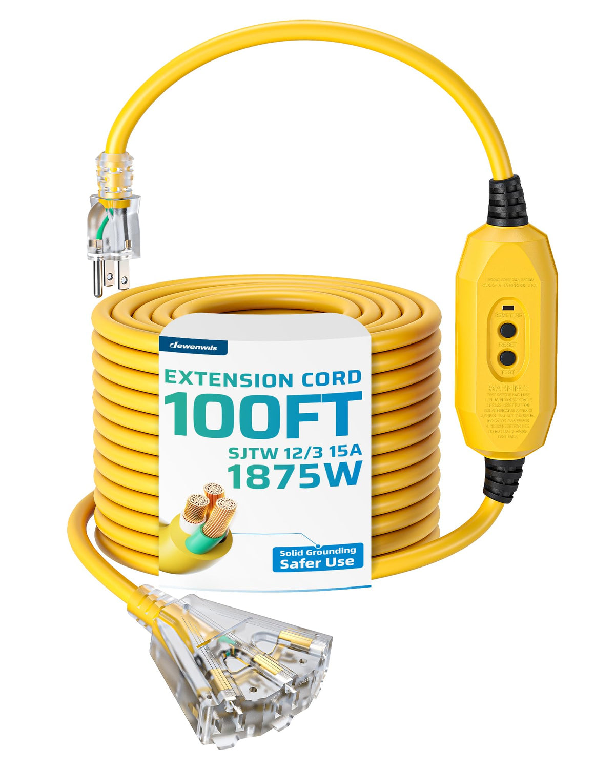 100FT GFCI Extension Cord 3 Prong Plug 12/3 AWG SJTW U310