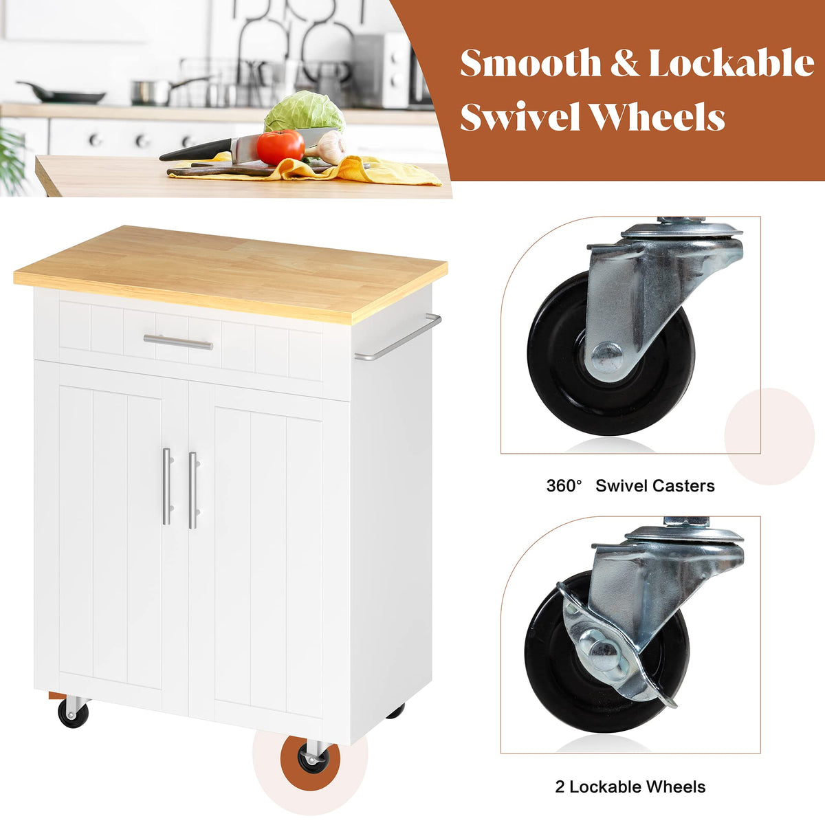 26" Rolling Kitchen Island Cart with Drawer, Shelves, Towel Rack, Lockable Casters, White V88569