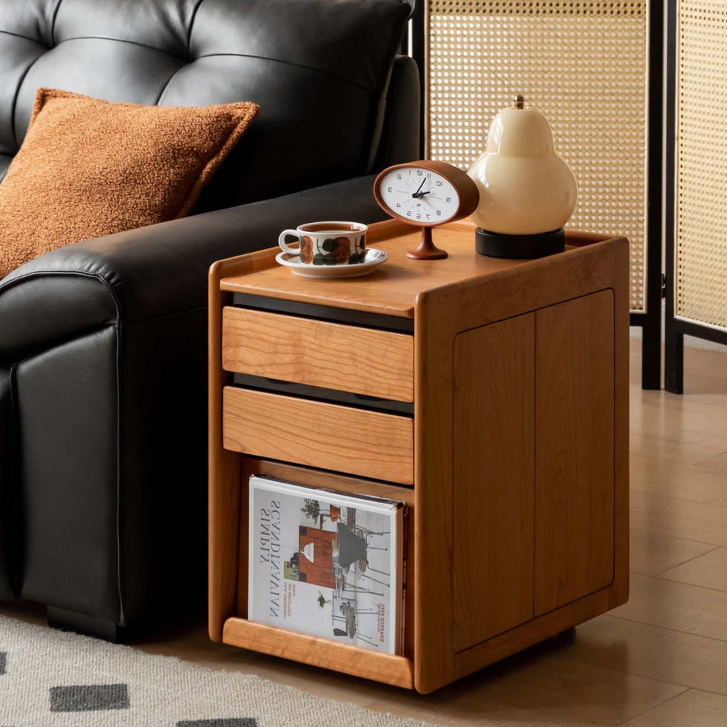 Solid Cherry Wood Side Table with Wheels T2517