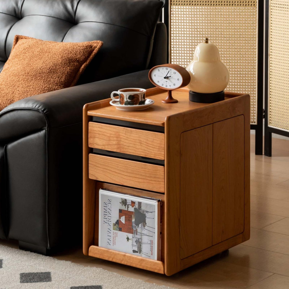 Solid Cherry Wood Side Table with Wheels T2517
