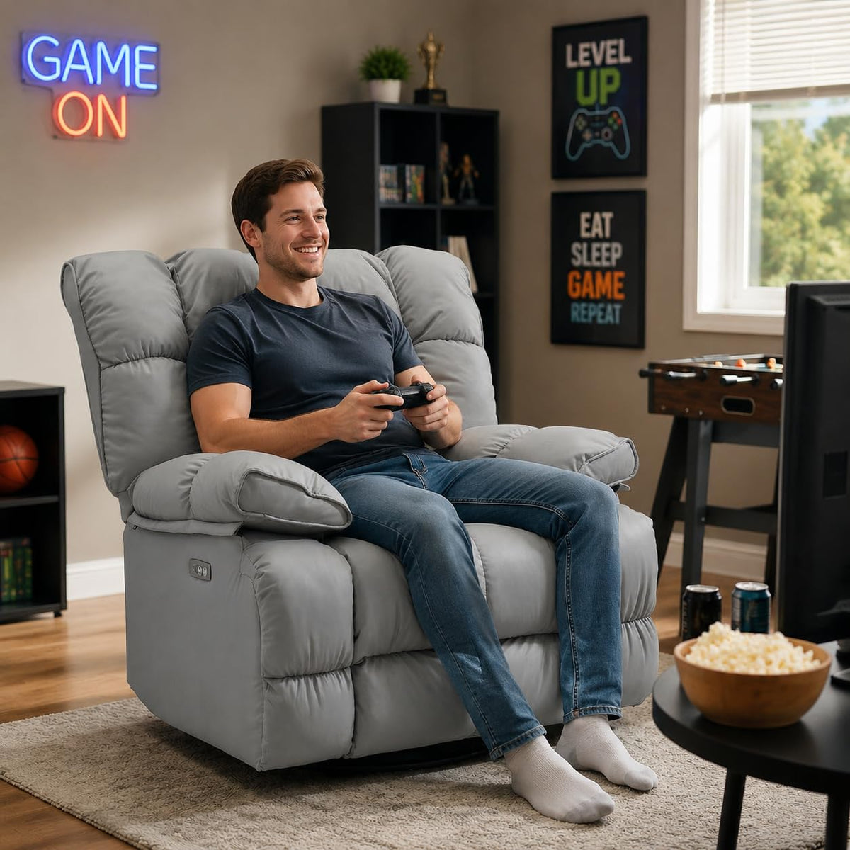 Oversized Gray Leather Power Swivel Rocker Recliner V88525