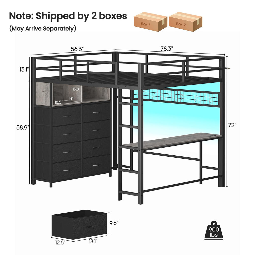 Full Size Loft Bed with Desk and 8 Storage Drawers Grey F24198