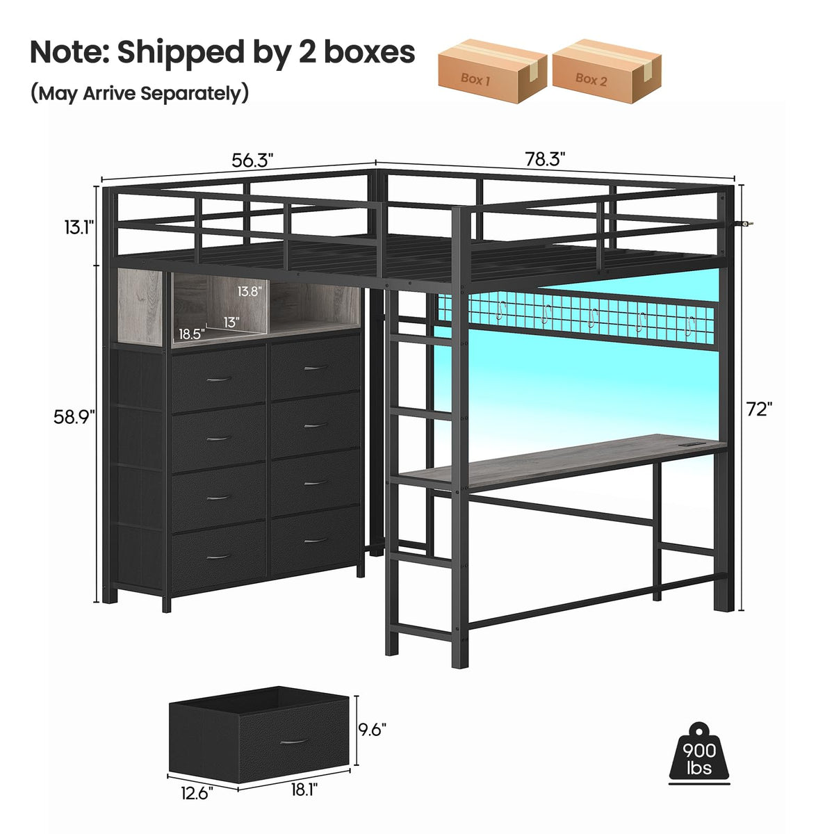 Full Size Loft Bed with Desk and 8 Storage Drawers Grey F24198