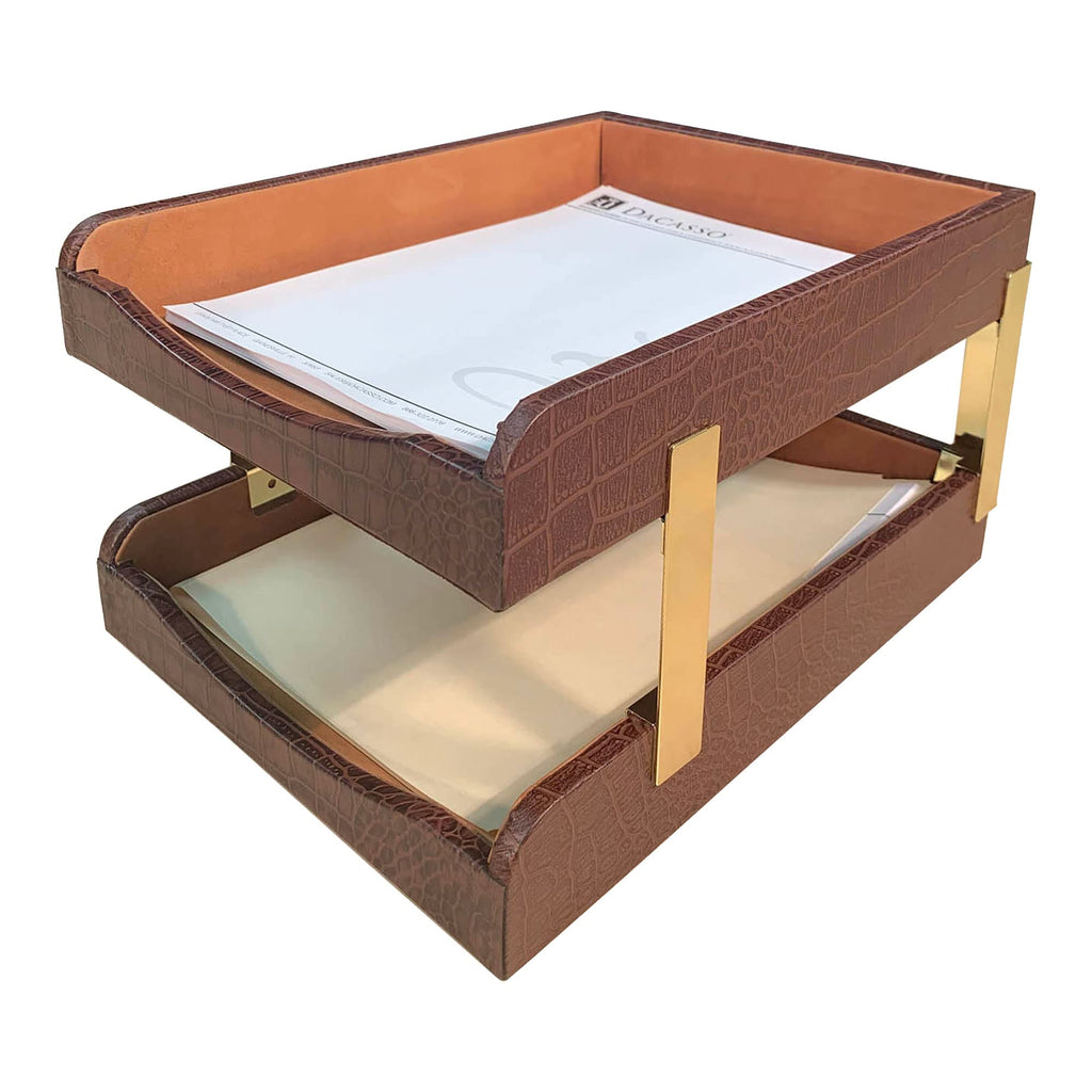 Brown Crocodile Embossed Leather Desk Set O8659