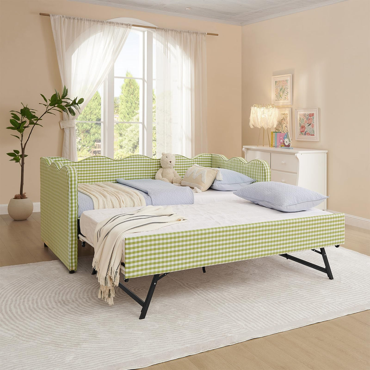 81-inch Twin to King Size Gingham Linen Upholstered Daybed with USB Charging Ports I8202